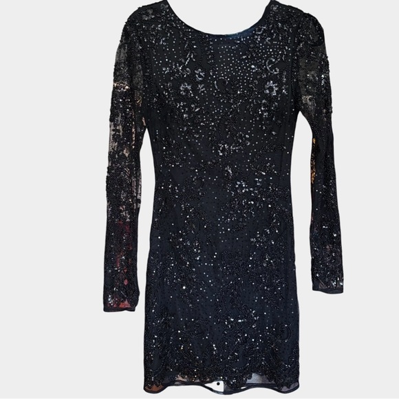 Altar’d State Ania Elegant Black Beaded Sequin Dress Long-Sleeve Sequin Dress - Picture 2 of 16